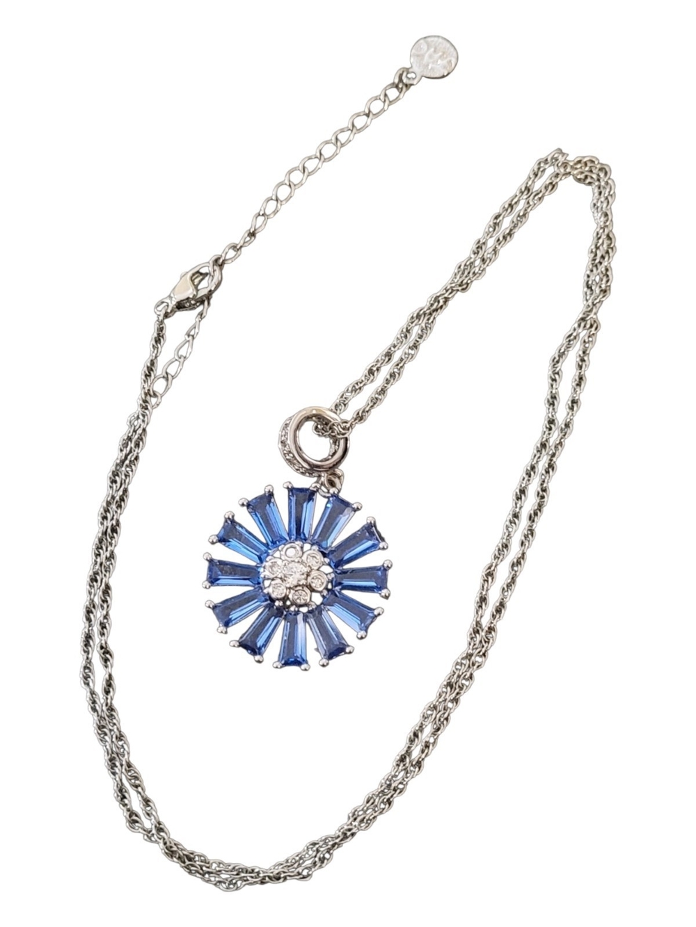 Silver-Tone Necklace with Blue Sunburst Crystal Pendant